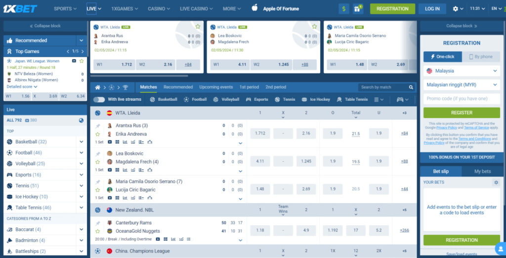 Real-time betting  1xBet